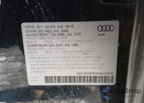 2017 Audi Q5 2.0T Premium from USA, damaged, VIN WA1M2AFP9HA043905